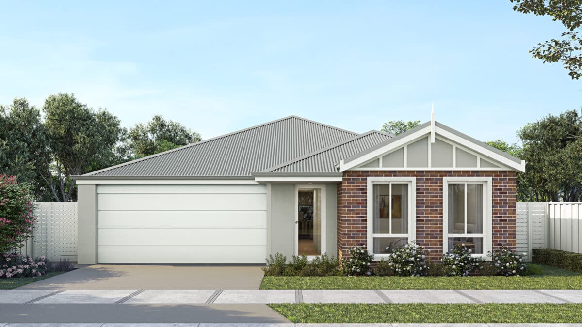 Step 1 Homes - Compass Heritage home design, features a classic Federation look, a classic Australian home design with modern comforts. The home has inviting character with its brickwork facade, two tone cladding, simple finial design and awning roof. This is a perfect first home design to suit first home buyers.