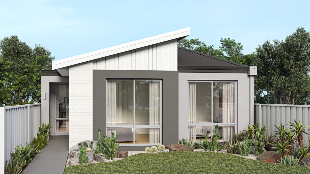 Step 1 Homes - Home Design WANDERER Retro. This retro mid-century modern style home design is the perfect first home for a first home buyer. With its pitched roofline, white wooden cladding, and neutral render to bring this retro look to the modern era. This home design is perfect for narrow lots.