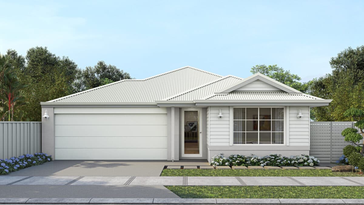 Step 1 Homes - Home Design Dawn Coastal. This first-home design features a neutral Hamptons white colour palette, simple cladding, light contrast render.