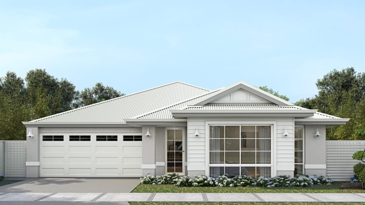 Step 1 Homes - Home Design Pioneer Coastal. This home design features a neutral Hamptons white colour palette, simple cladding, light contrast render.
