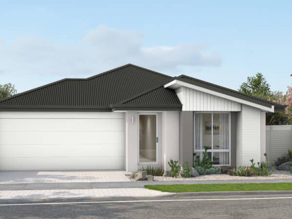 Step 1 Homes - Home Design Quest Retro. This retro mid-century modern style home design is the perfect first home for a first home buyer. With its pitched roofline, white wooden cladding, and neutral render to bring this retro look to the modern era.
