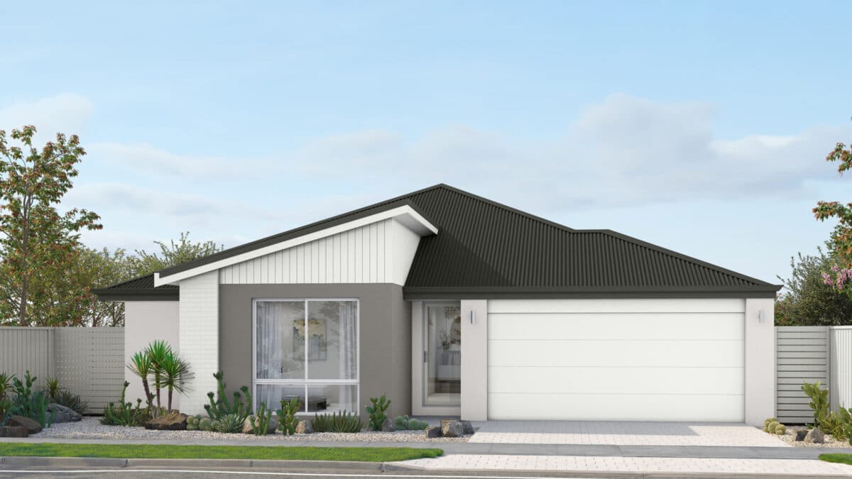 Step 1 Homes - Home Design WANDERER Retro. This retro mid-century modern style home design is the perfect first home for a first home buyer. With its pitched roofline, white wooden cladding, and neutral render to bring this retro look to the modern era.