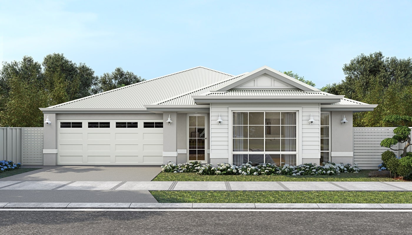 First home buyer brand Step 1 Homes feature quality specifications and inclusions in its home design. The Pioneer Coastal home design features a neutral classic Hamptons white colour palette, simple cladding, and light contrast render.